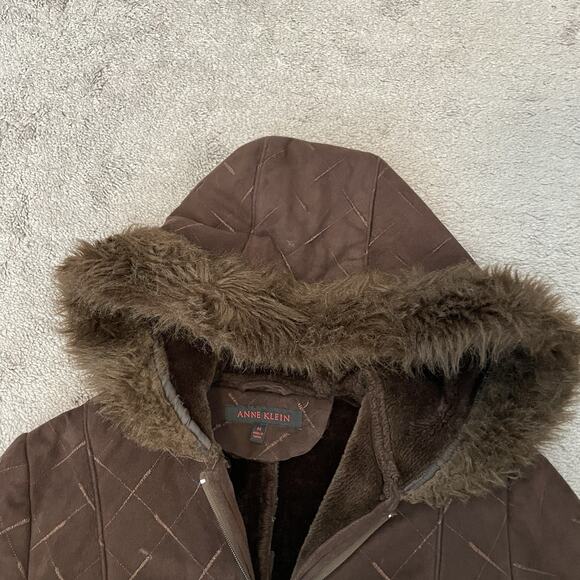 Y2K Faux Suede Fur Trim Hooded Coat Zip Up Women’s Medium 2000s VTG Brown Jacket - Picture 9 of 16